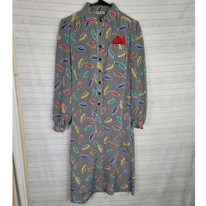 Striped Midi Shirt Dress with Multicolor Feather Print